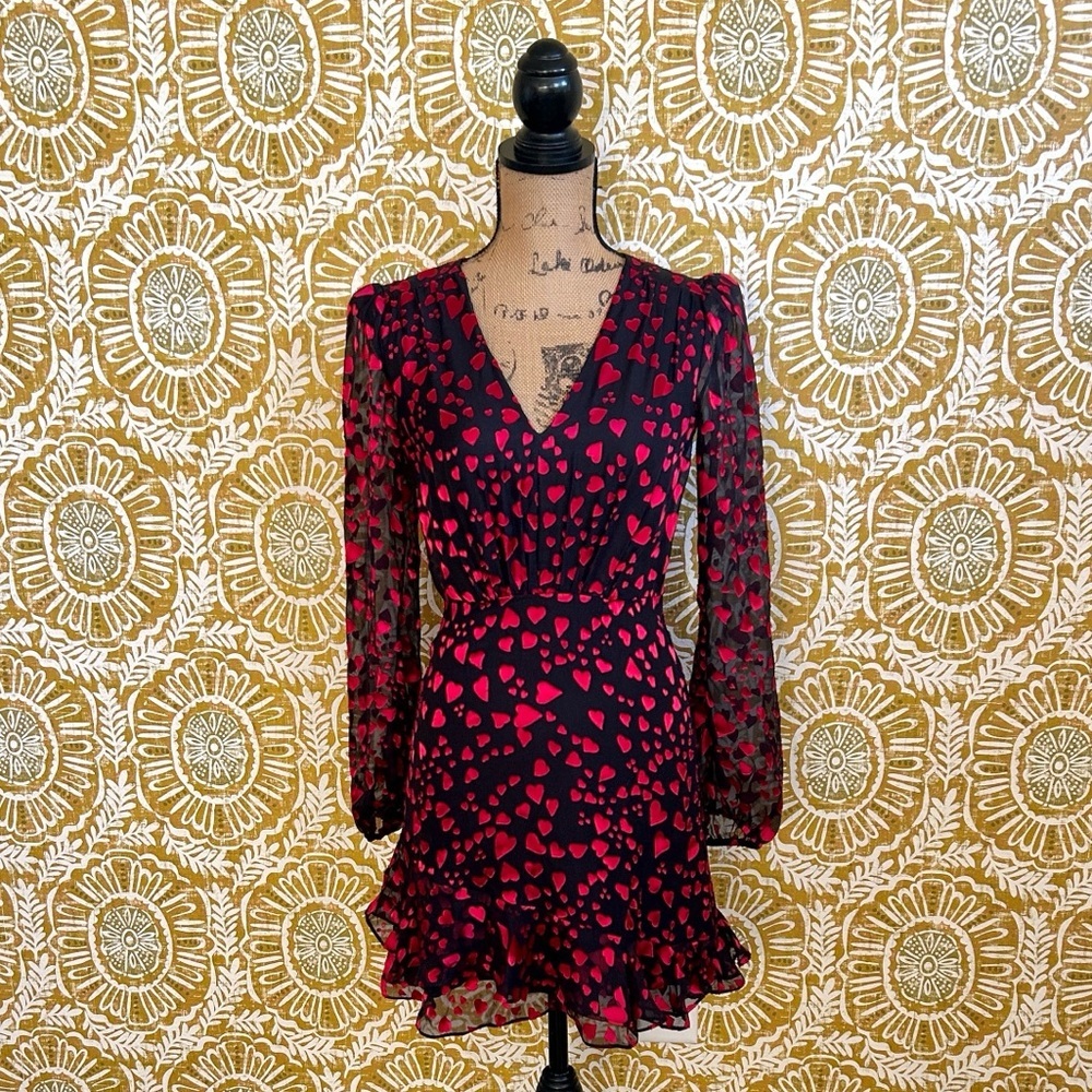 SALONI Alya Heart-Print Jacquard Long Sleeve Silk-Blend Mini Dress Sz 0 - Picture 9 of 16
